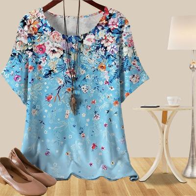 Kadın Günlük Bol İlkbahar Gömlek Kadın Kısa Kollu Grafiti Bitkiler Çiçekler Baskılı Üstler