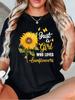 Women's Oversized T-Shirt - Soft Round Neck Short Sleeve Top with Bright Sunflower & Bee Print, Loos