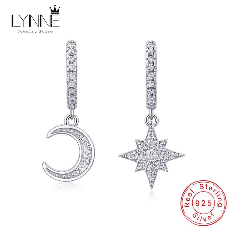 New Fashion Star&Moon Zircon Asymmetry Pendant Hoop Earrings 925 Silver Women Jewelry Gift Drop Rhinestone Fine Eardrop