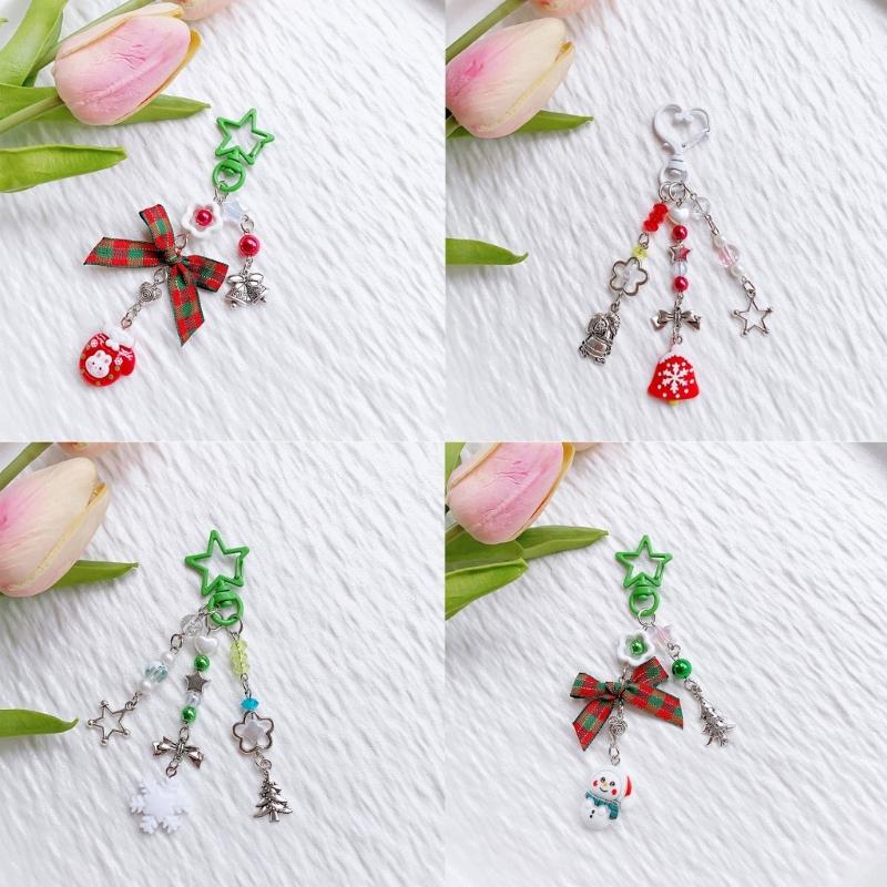 Bowknot Acrylic Phone Charm Straps Elegant Beaded Bowknot Phone Charm with Christmas Charm for Backpacks Purses