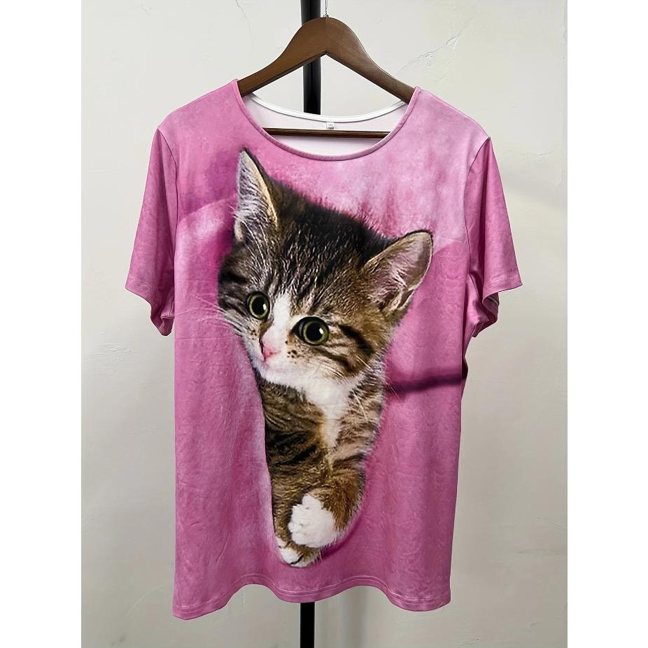 3D Katzenprint Freizeit-T-Shirt Damen Lässiges Kurzarm-Rundhals-T-Shirt mit 3D-Katzenprint, Modisches Oberteil für den täglichen Gebrauch