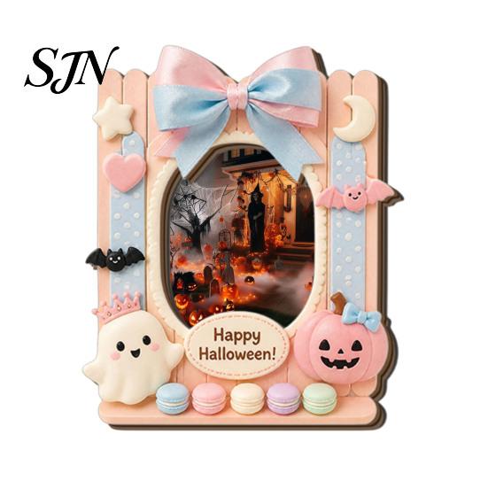 Magnetic Picture Frame Halloween Photo Refrigerator Magnet, Ghost Pumpkin Fridge Frames Holder, Wooden Decorative for Holiday Party Kitchen Favors