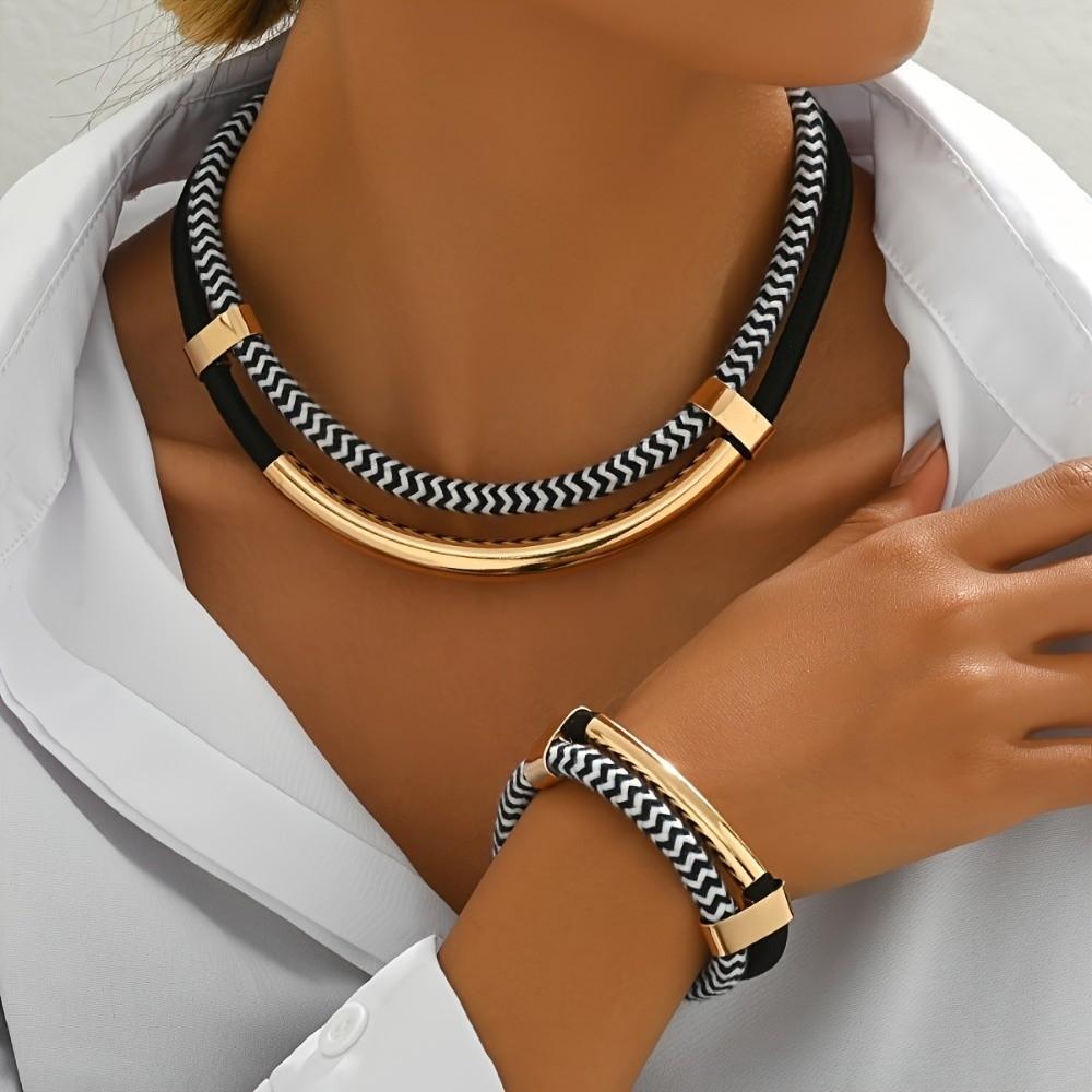 Neues Schwarz Metallrohr Geflochtenes Seil Dickes Doppelstrang Armband Set Doppellagig Hip-Hop Stil Schmuck Geschenke
