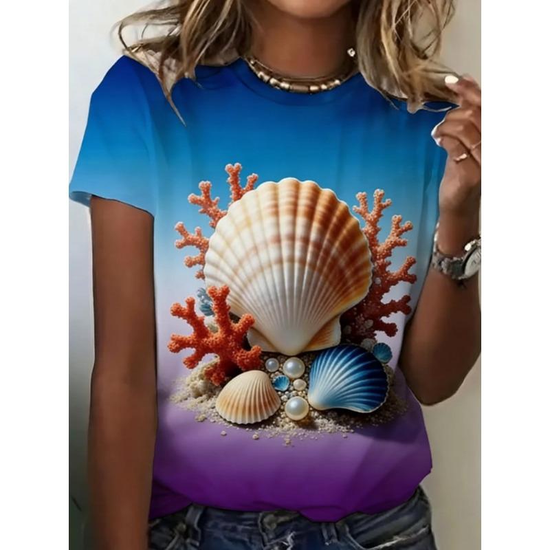 Fashionable Colorful Ocean Theme Print T-shirt Comfortable Loose Creative Women's Short Sleeved T-shirt