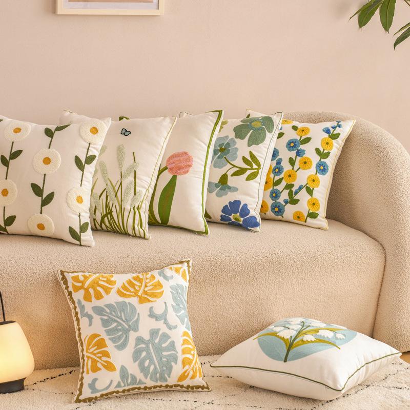 1pc Contemporary Floral Embroidery Throw Pillow Cover with Yellow Flowers & Green Leaves Zippered, Machine Washable for Living Room Decor