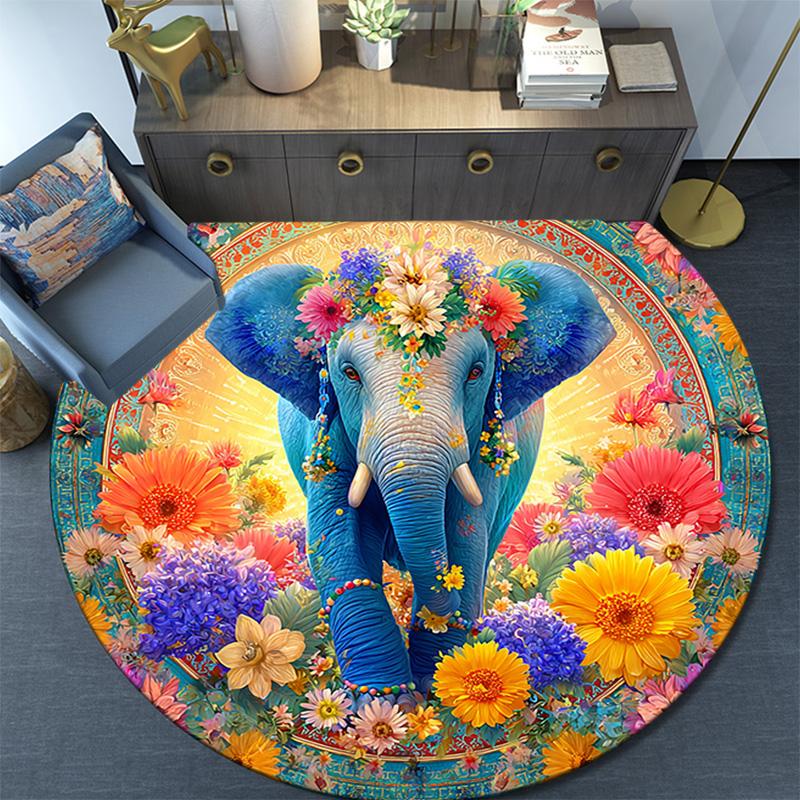 Elephant Round Area Rug,Carpet Rug for Living Room Bedroom Sofa Playroom Decor,Non-slip Floor Mat