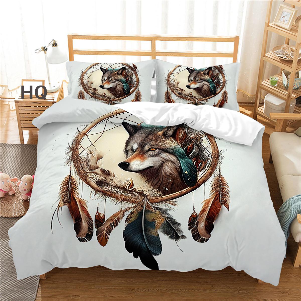 

Комплект постельного белья «Ловец снов» для дома, с узором волка, перьями, наволочка, комплект постельного белья, одиночный, двойной, полный размер, 2/3 шт., микрофибра AU Double 180x210cm