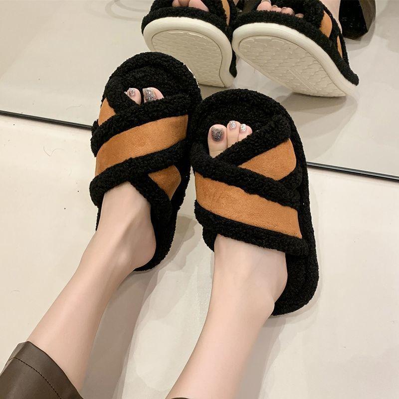 Retro cross indoor and outdoor plush cotton slippers women wear autumn and winter new fashion flat-bottomed plush slippers