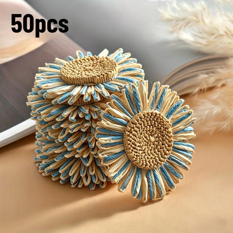 50 Stück Künstliche Gänseblümchen & Sonnenblumen 4 Farben Natürliches Raffia-Material DIY Basteln Hochzeit Haarschleier Tischmittelstück Dekoration
