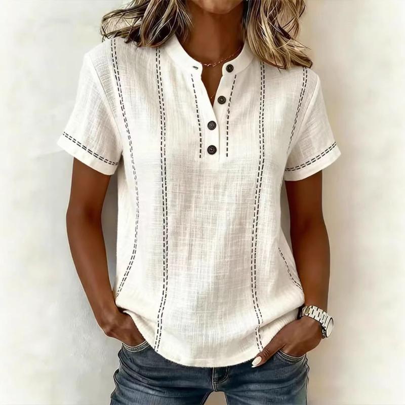 TIFICY Women's Fashion Casual Summer Spring Stripe Print Short Sleeve V-Neck Blouses & Shirts
