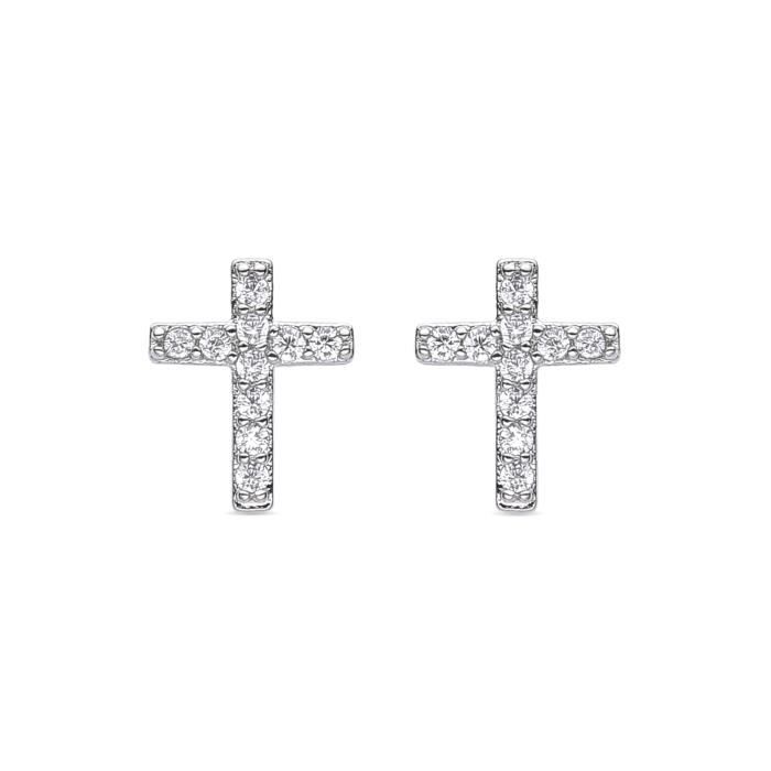 Boucles D'oreilles Croix, En Zircone Rhodiée, Finition Rhodiée