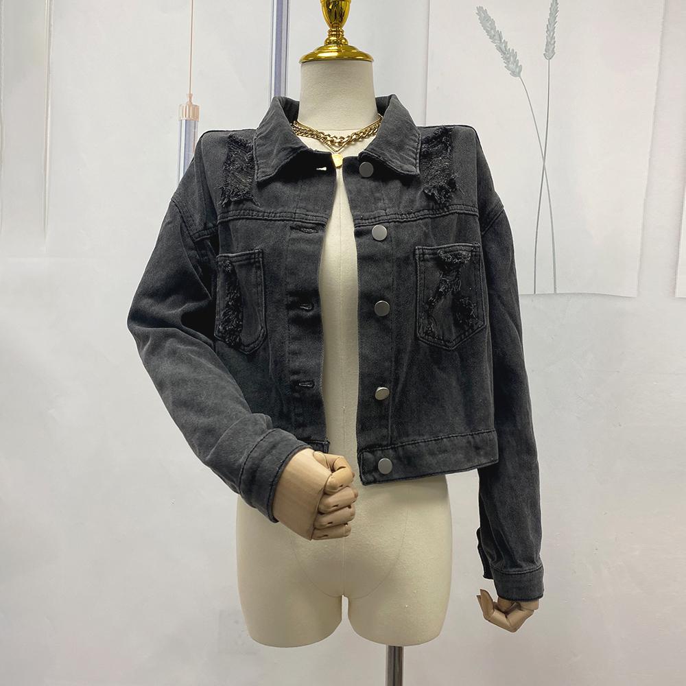 FiveFive Giacca di Jeans da Donna a Maniche Lunghe con Nappe di Strass sul Retro, Larga, Strappata, con Fori