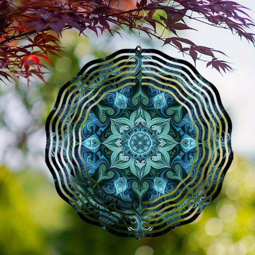Vibrant Blue Green Geometric Wind Chime 10 Inch Outdoor Metal Garden Sculpture with Intricate Patterns Ideal for Spring Summer Fall Winter Decor