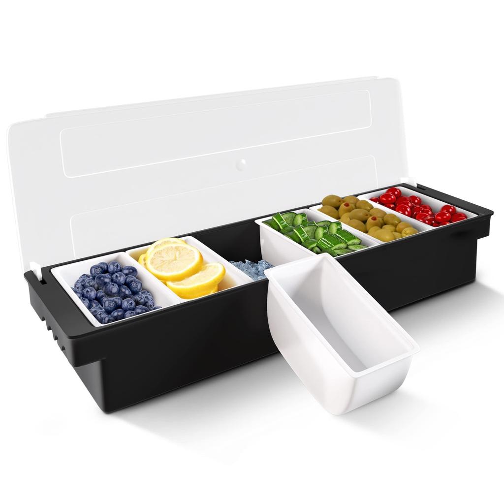 6-Compartment Cold Insulated Condiment Tray with Lid Removable Food Storage Containers Chilled Garnish Party Cocktail Garnishes