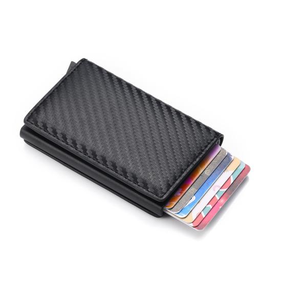 Pánská peněženka z umělé kůže s RFID blokováním, trojdílná, se štíhlým výsuvným držákem na karty, kovové hliníkové pouzdro na karty