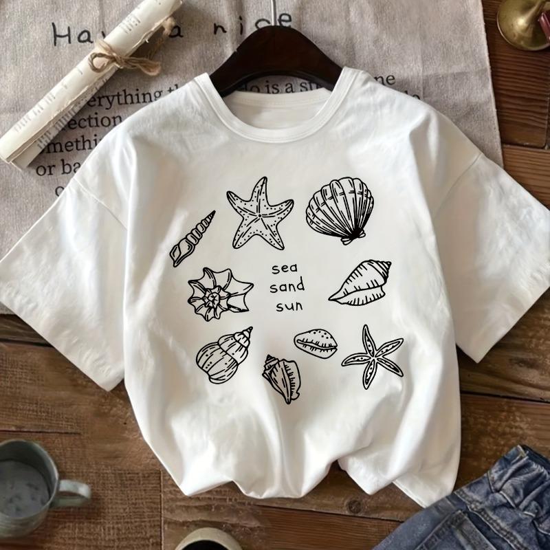 Kids Summer Crew Neck Short Sleeve T-Shirt with Starfish & Seashell Print 110 белый