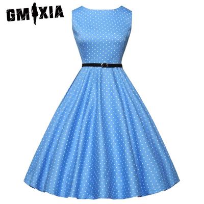 Vintage Herben-inspired Women's Line-neck Sleeveless Polka Dot Print Dress with Black Belt