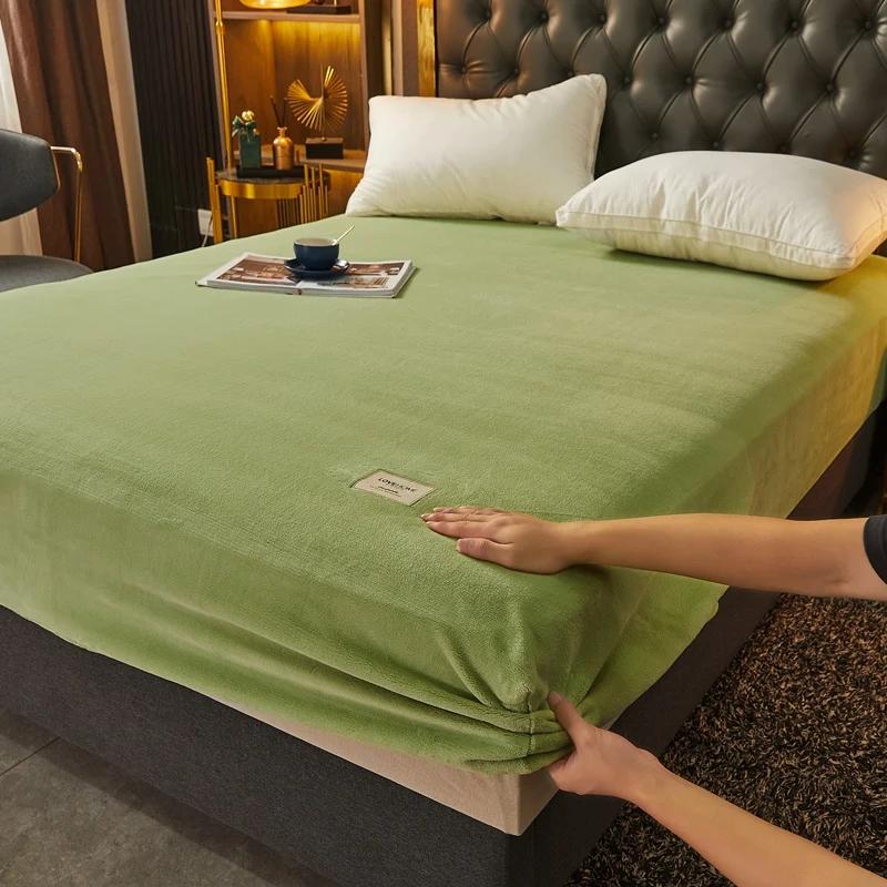 OKHOME Soft Warm Plush Fitted Sheet Elastic Mattress Cover Fluffy Coral Fleece Bed Linen Winter Couple Luxury Double Bed Bedding