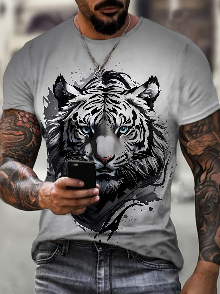 Summer Men's Colorful Tiger Graphic 3D Print T-shirt Fashion Casual Short Sleeve Tees Loose Top