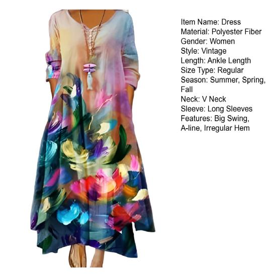 Spring Fall Dress with Pockets Vintage Flower Printing V Neck Irregular Layerd Hem Loose A-line Maxi Dress for Daily Work Party