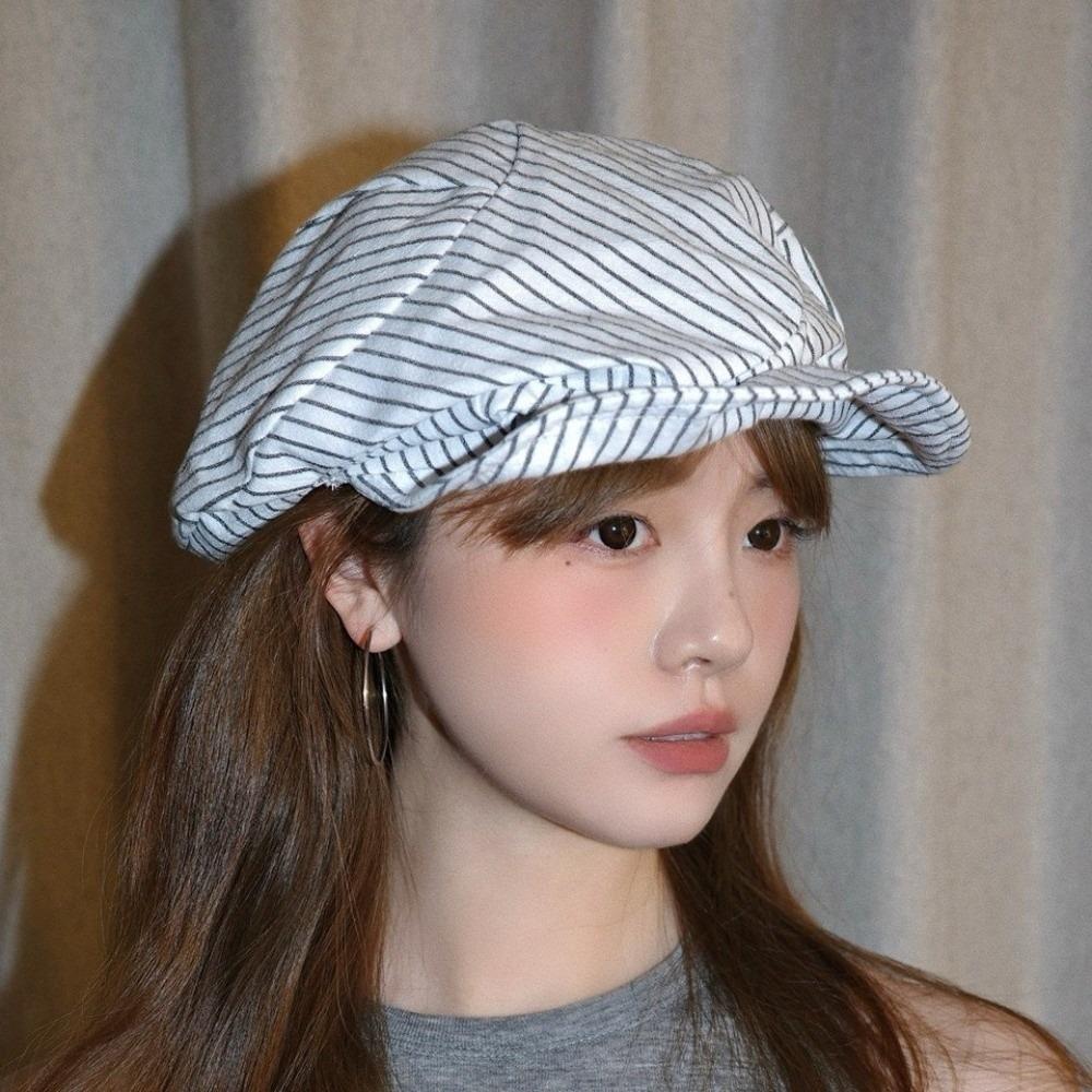 

Cotton and Linen Octagonal Hat Thin Painter Caps Vintage Striped Berets Daily