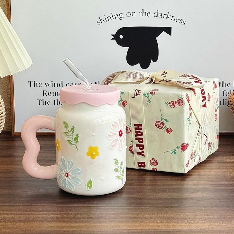 Birthday Gift for Best Friend Retro Flower Cup for Boys and Girls High End Ceramic Mug Souvenir Gift Box