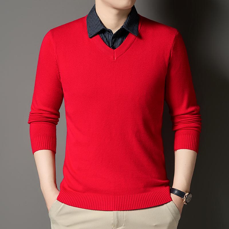 New Fall and Winter Fake Two-piece Shirt Collar Knitted Sweater for Men Stripes Fashionable Warm Skin-friendly Base Sweater