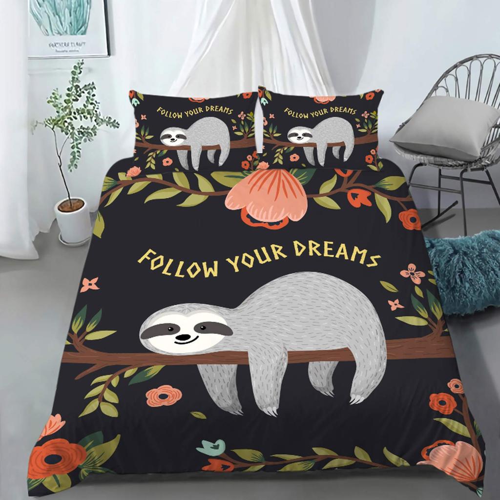 Kids Cute Sloth Duvet Cover Set Cartoon Sloth Printed Comforter Covers Boys Girls 3D Animal Themed Lovely Duvet Cover 2/3 Pcs