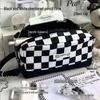 High-Capacity Green & White Checkerboard Pencil Case: Multifunctional and Hand-Held Large Stationery Storage Bag