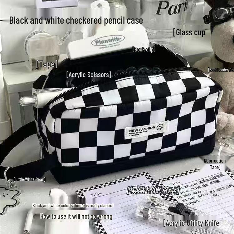 High-Capacity Green & White Checkerboard Pencil Case: Multifunctional and Hand-Held Large Stationery Storage Bag