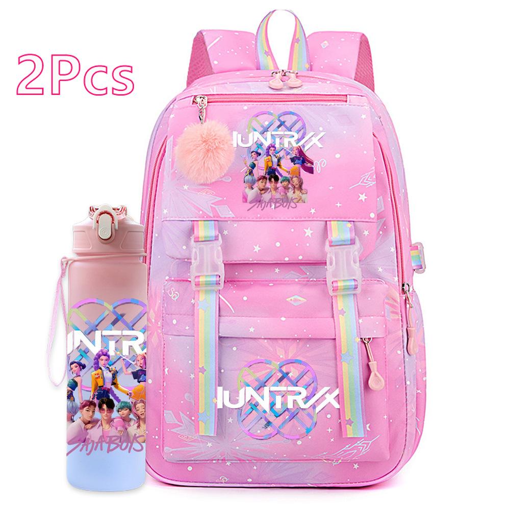 2Pcs/set Cartoon Kpop Printed Backpack with 750Ml Water Bottler for Teenager Girl Boy Bookbag Kid Gift Large Capacity Travel Bag Mochila