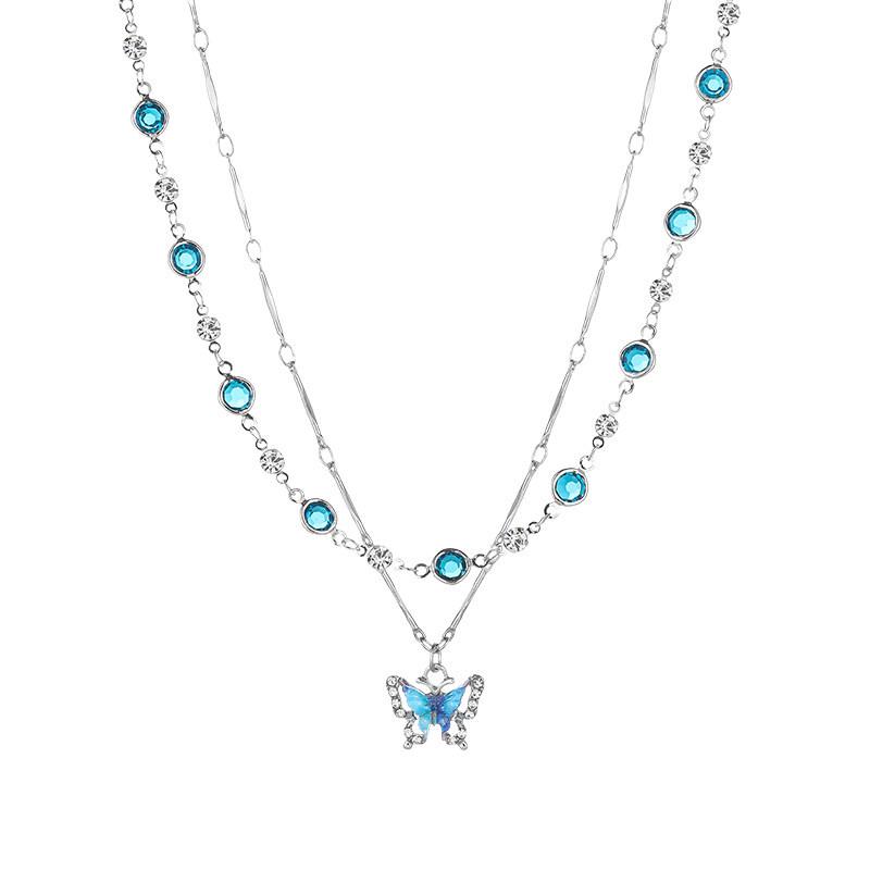 Double Layer Deep Blue Butterfly Pendant Necklace for Women - Chic, Layered Clavicle Chain with Light Luxury, High-End Niche Design