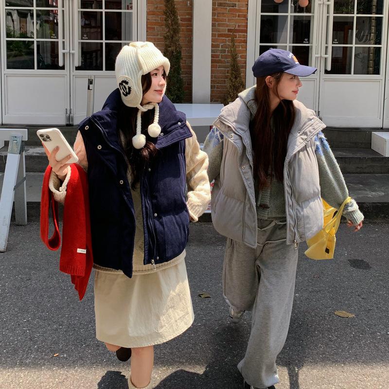 New down cotton vest women's fashion short hooded vest loose sleeveless thickened vest jacket in autumn