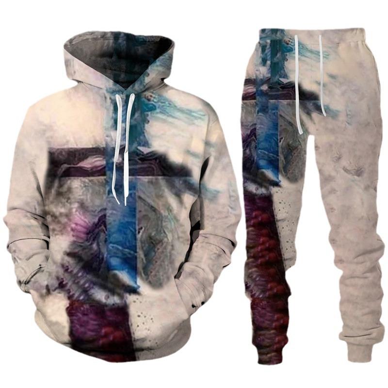 Spring Autumn Fashion Casual Men's Hoodies Set 3D Animal Lion Cross Printing Sweatshirts Sweatpants 2 Piece Set Men Clothing Suit