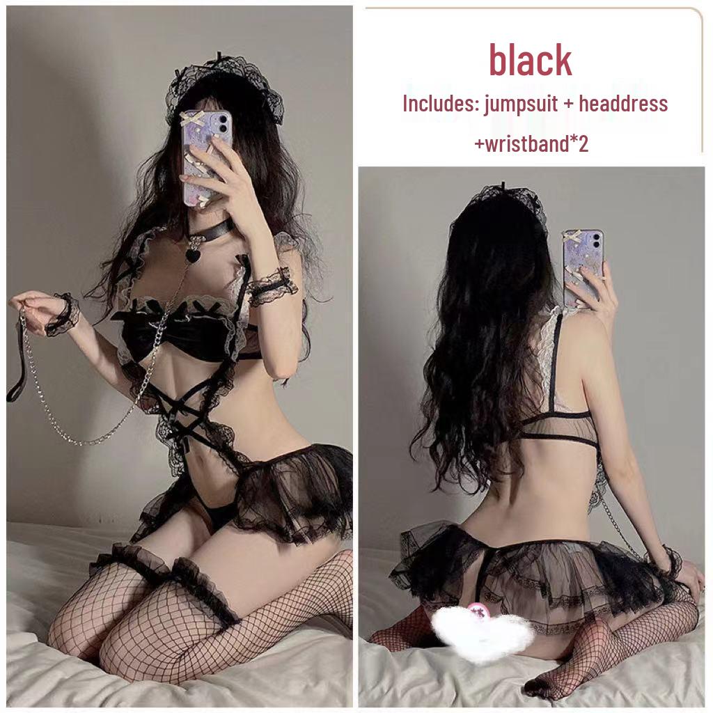 Seductive Lingerie: Sheer Puff Skirt Maid Costume with Hollowed Hem for Women