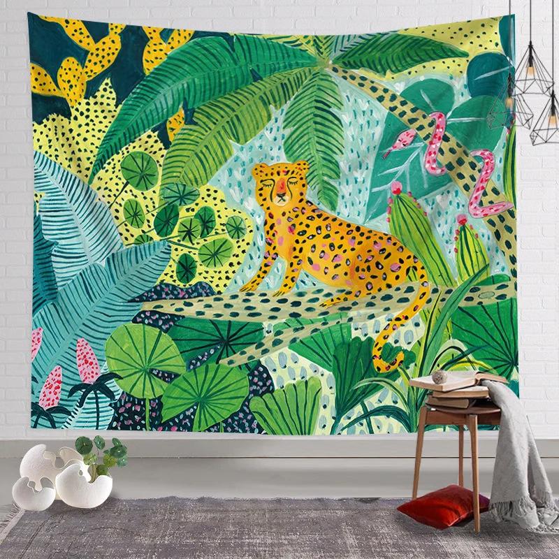 Animal King Forest Tiger Tapestry Wall Hanging Tropical Palm Plant Flower Bohemian Tapestry Home Decoration Yoga Mat Blanket