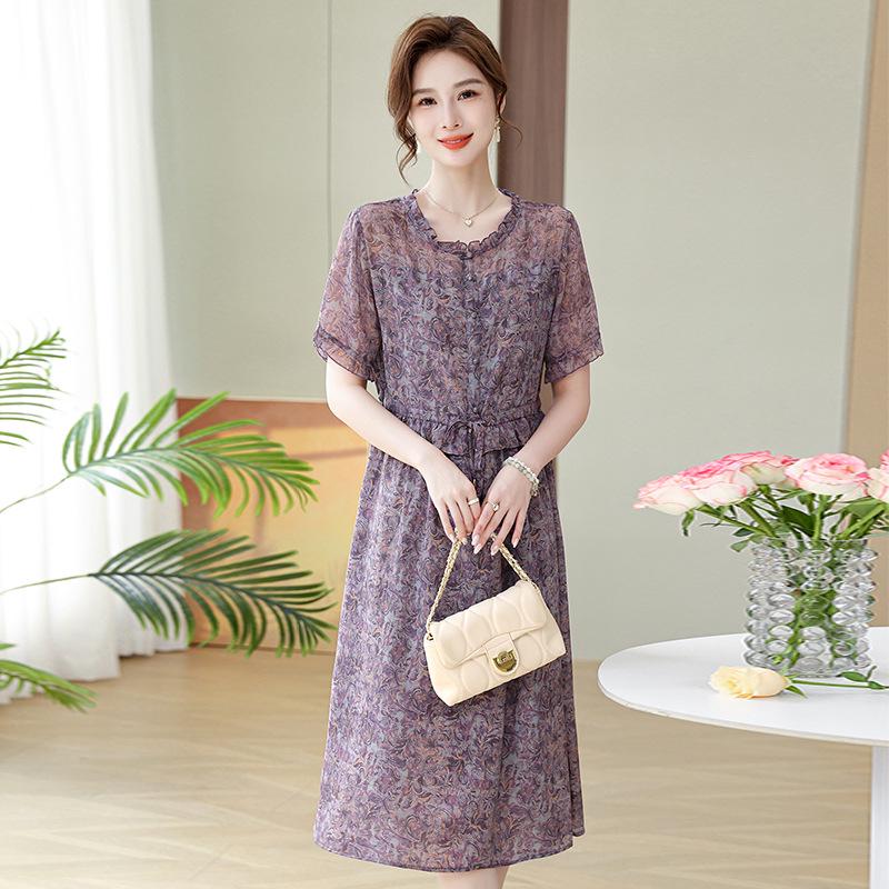 

2025 Цветочное шифоновое платье миди для женщин среднего и пожилого возраста 2XL (110-125 jin) фиолетовый