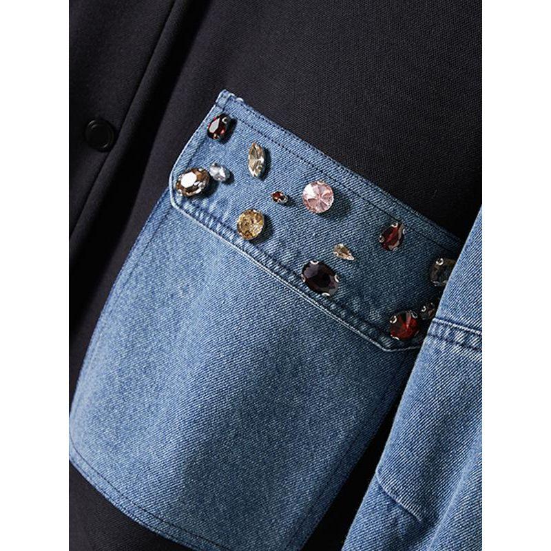 Fabric Patchwork Contrast Color Cocoon Shaped Slimming Baseball Uniform Women Autumn and Winter Rhinestone Embellishment Outerwear Strong Push