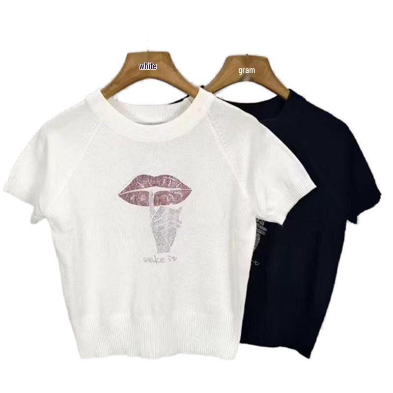 Cross-border Summer Rhinestone Round Neck Casual Ice Silk Knit T-shirt 