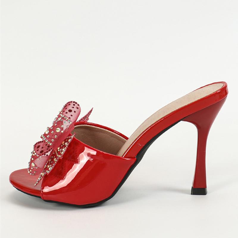 2025 New Arrivals Patent Leather Women Slippers Sandals Fashion Peep Toe Crystal Mesh Bowknot High Heels Summer Party Shoe