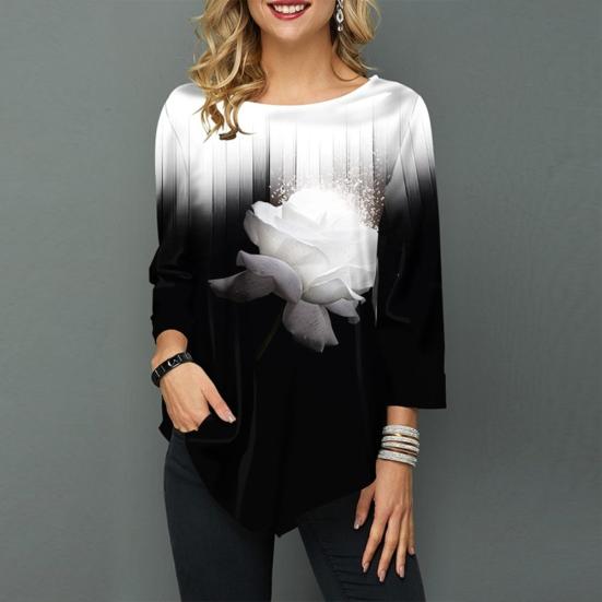 Women Autumn Gradual Floral Print O Neck Long Sleeve Asymmetric T-Shirt Blouse
