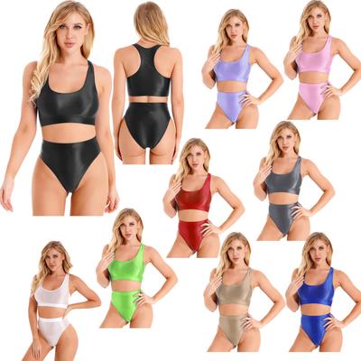 Bayan Iki parçalı Mayo Mayo Parlak U Boyun Kolsuz Mahsul Tank Top Külot bikini seti Mayo