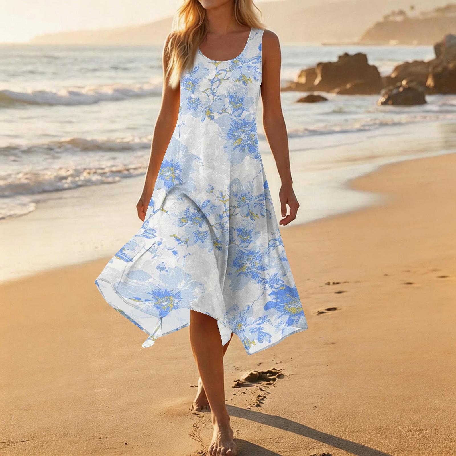 

Sleeveless Floral Print Midi Dress with Scoop Neck and Asymmetrical Hem Lightweight Casual Summer Sundress for Women L светло-синий