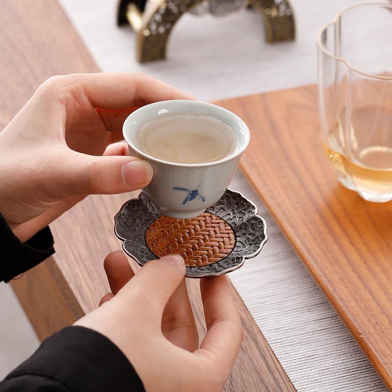 Chiński Antyczny Stop Srebra Podstawka pod Szklankę Mata Bambusowa Izolacja Cieplna Taca pod Filiżankę Chiński Zestaw do Herbaty Kung Fu Gongfu Akcesoria Naczynia do Herbaty