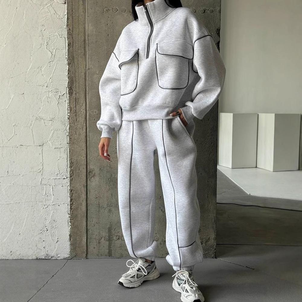 Autumn and Winter Casual Suit Women's Fashion Street Style Sweater Sports Suit Half Open Pocket Jumper Trousers Women