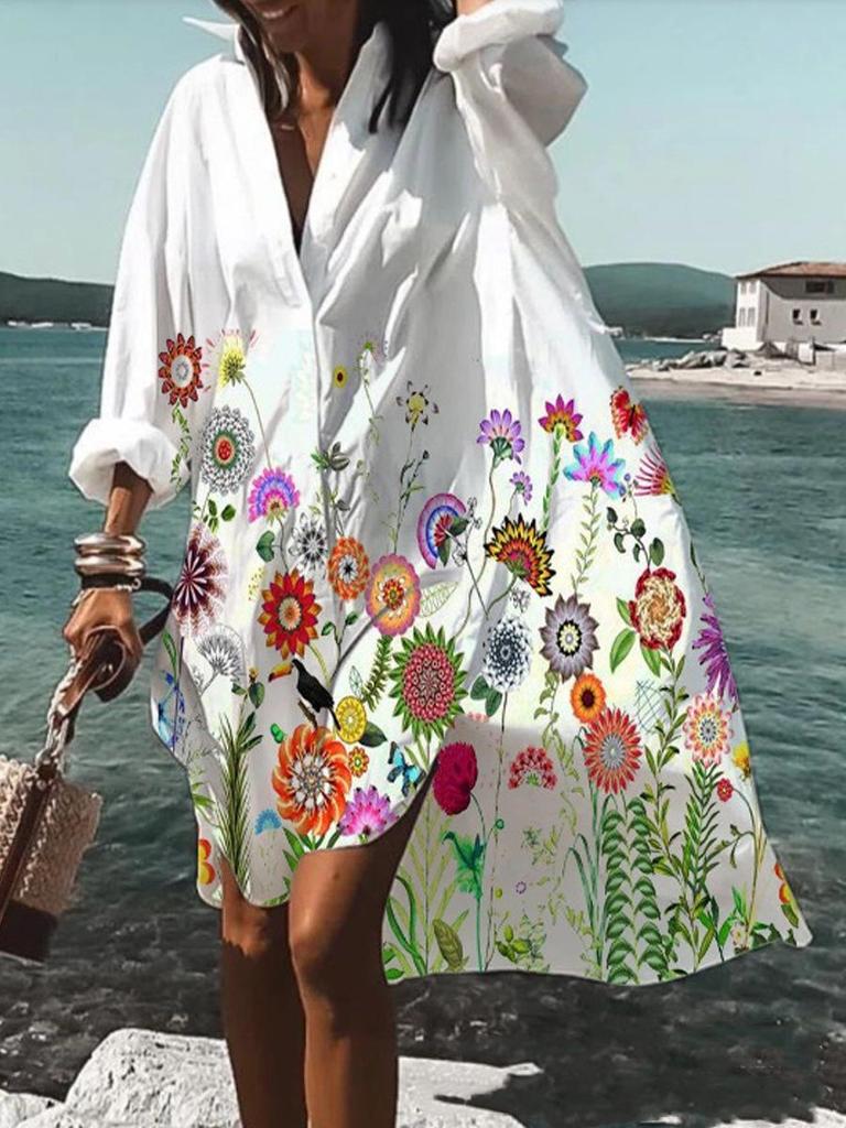 Trendy 3D Floral Print Lapel Long Sleeve Dress