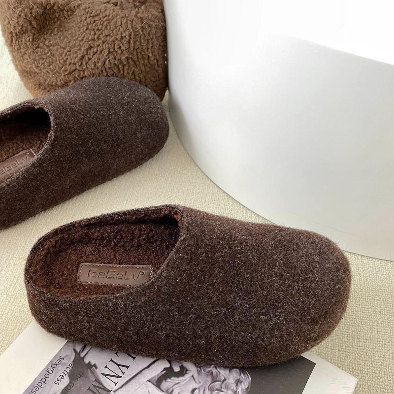 Autumn Winter Women's Mules Slippers Concise Round Toe Platform Flats Outdoor Slides Fashion Slip On Woolen Fabric Shoes
