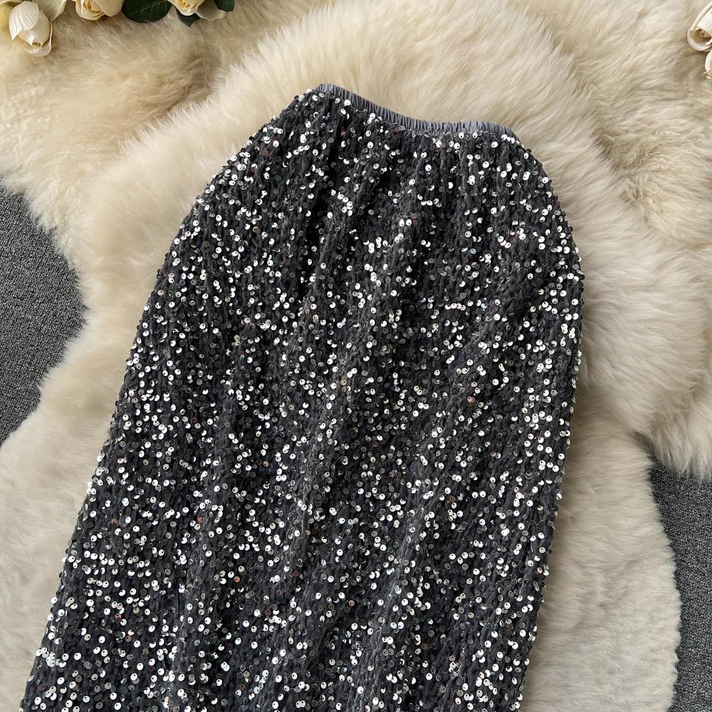 Špičkový Niche Design Flitry Sukně s vysokým pasem Dámské Podzimní Francouzské Retro Mididélka Obepínající boky Šaty