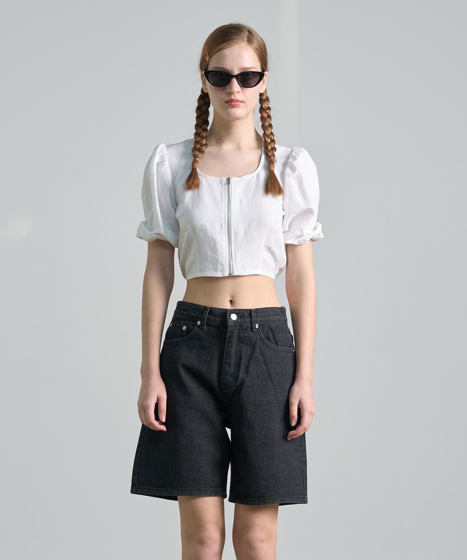 320 Showroom Linen Puff Zipper Crop Blouse Ivory M