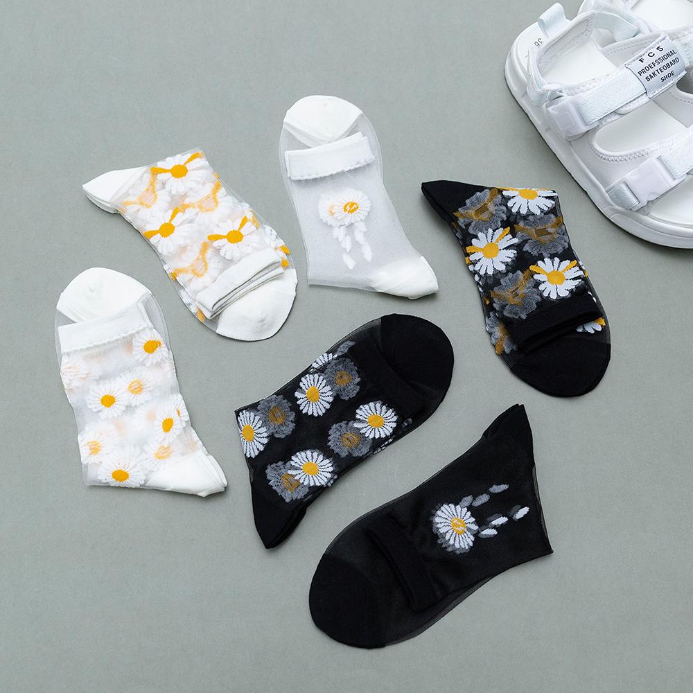 3 Pairs Of Women's Flower Socks Summer Crystal Glass Stockings Medium Short Tube Thin Transparent Daisy  Jacquard Elastic  Socks